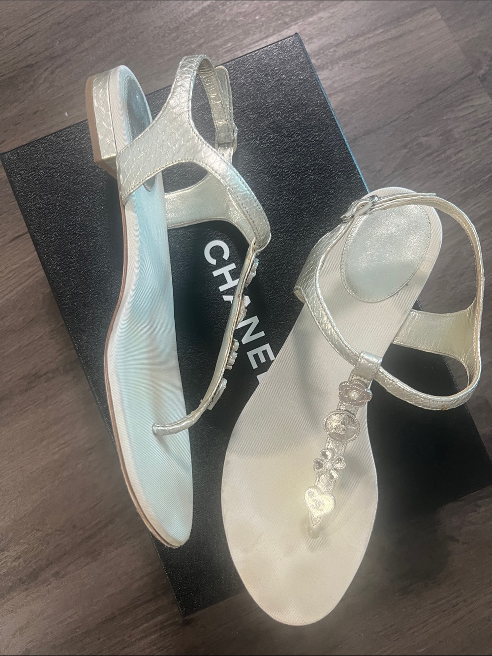 CHANEL Silver T-Strap Embellished Sandals - Picture 3 of 6